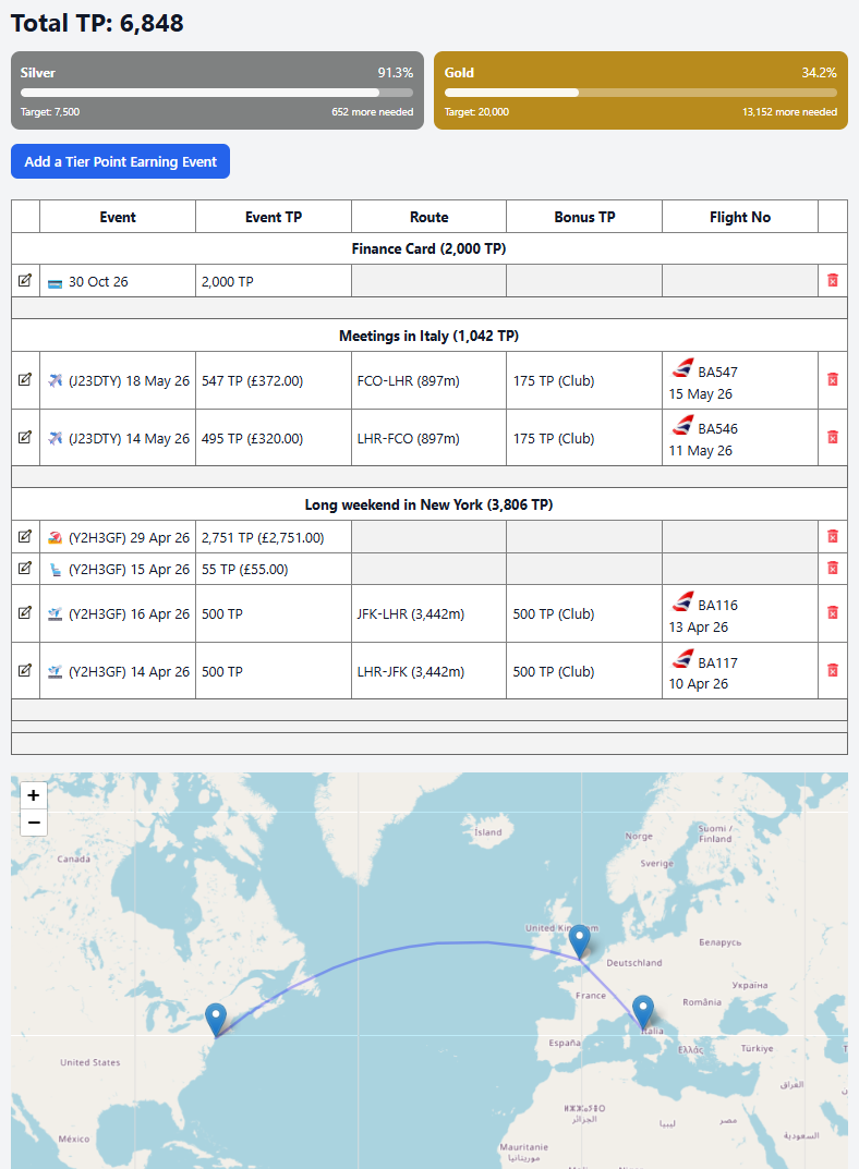 TierPointPlanner tracker showing trips, Tier Points and map view